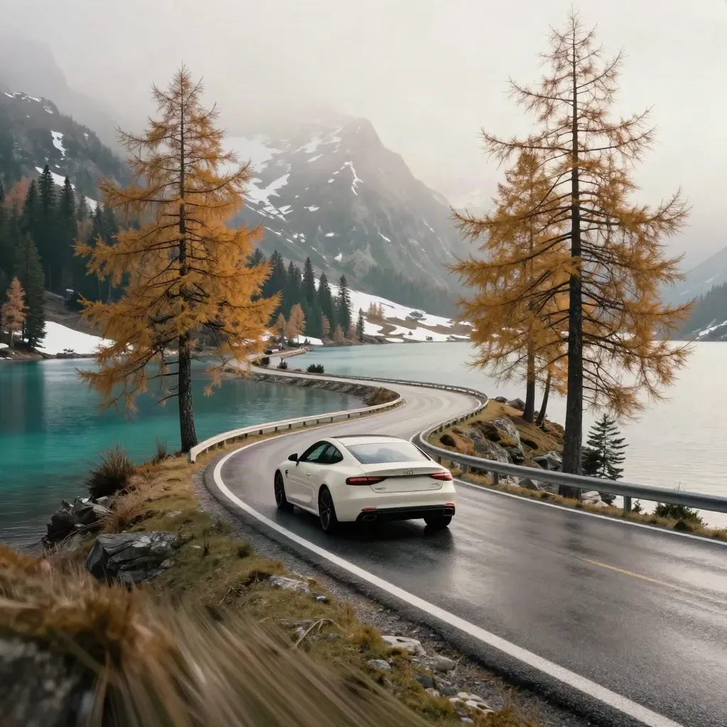 Petite voiture blanc cassé sur une route alpine de lacs, mélèzes, eau turquoise et crêtes neigeuses.
