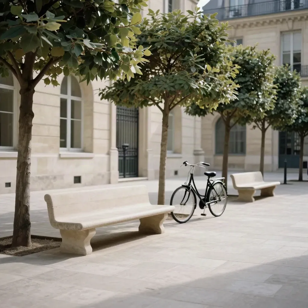 Cour de musée parisienne presque vide, banc de pierre, arbres taillés et vélo contre une grille.