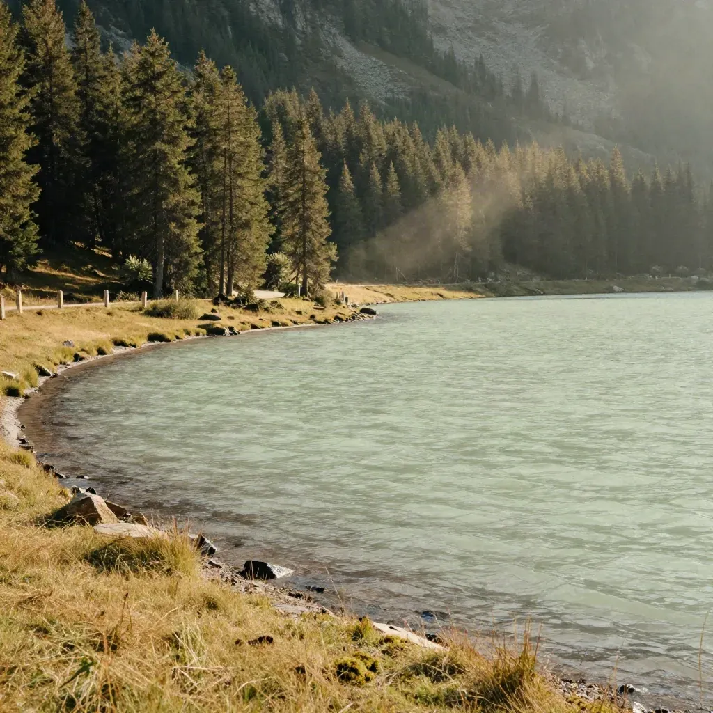 Lac de montagne vert pâle bordé de sapins, prairie et petite route en surplomb