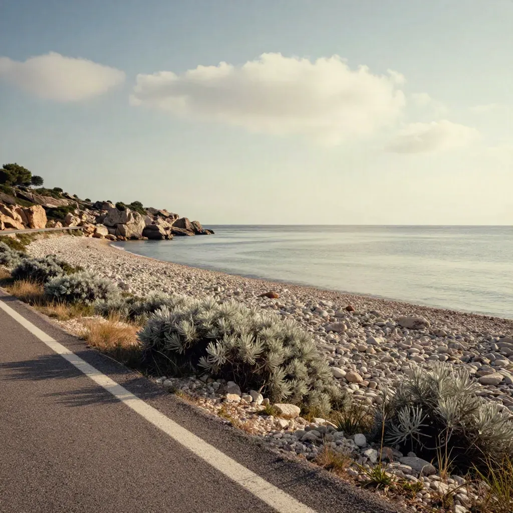 Route côtière de Corse au-dessus d’une plage de galets, mer plate et maquis argenté.