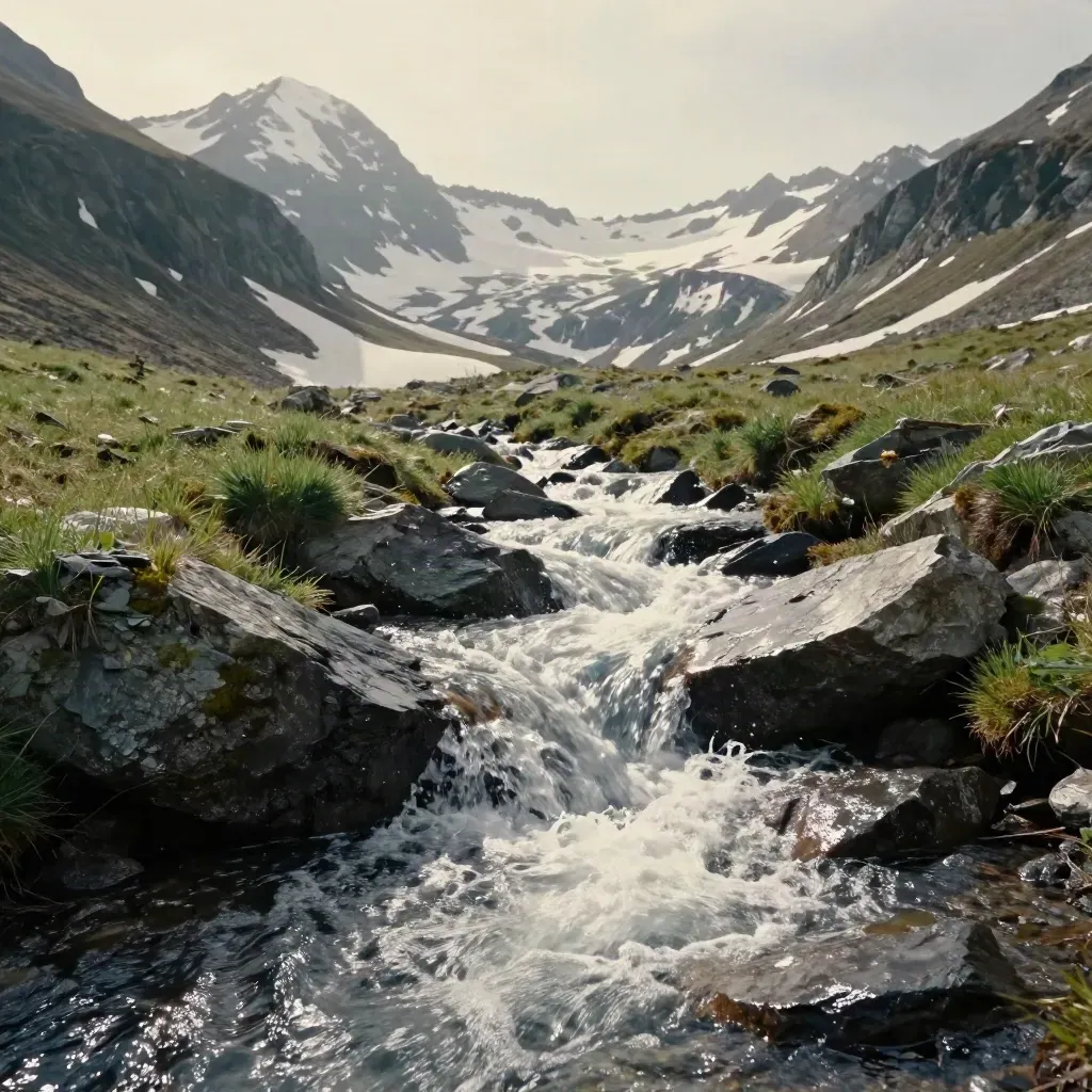 Torrent de fonte alpine, névés, cascades et prairie verte au pied d’une arête blanche.