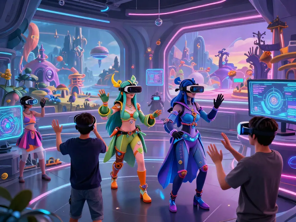 Engaging futa AI virtual reality scene with users customizing characters in neon-lit space.